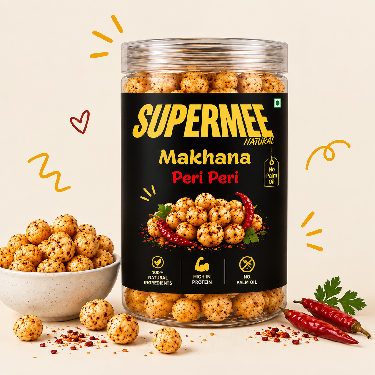 Supermee Natural Peri Peri Roasted Makhana – Spicy & Zesty, Baked Not Fried, High Protein, No Palm Oil